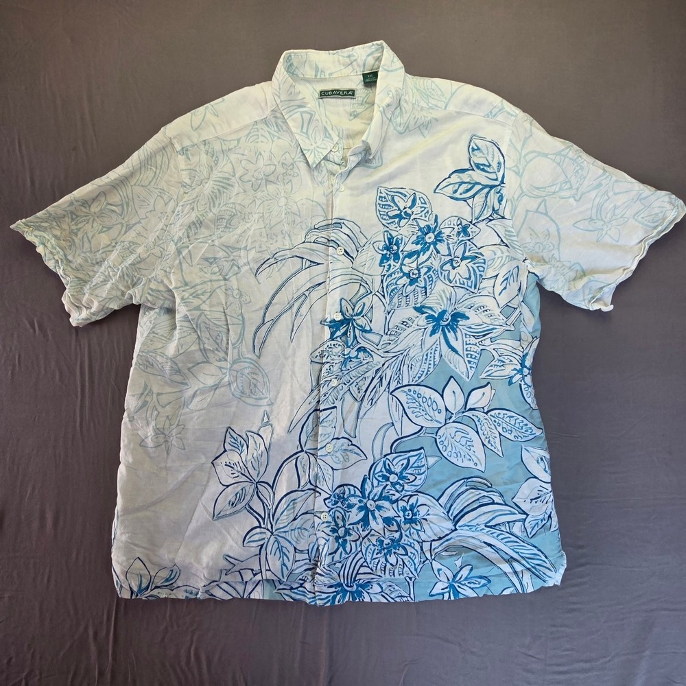 CUBAVERA Casual Button-Down Shirt Men's XXL White Blue Linen Cotton Short Sleeve